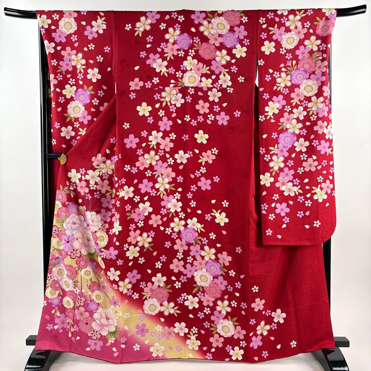 最新正絹振袖フルセット オーダー仕立て ラインストーン袋帯 振袖 身丈165cm 裄丈68cm L 袷 袋帯フルセット 鈴乃屋 牡丹 桜