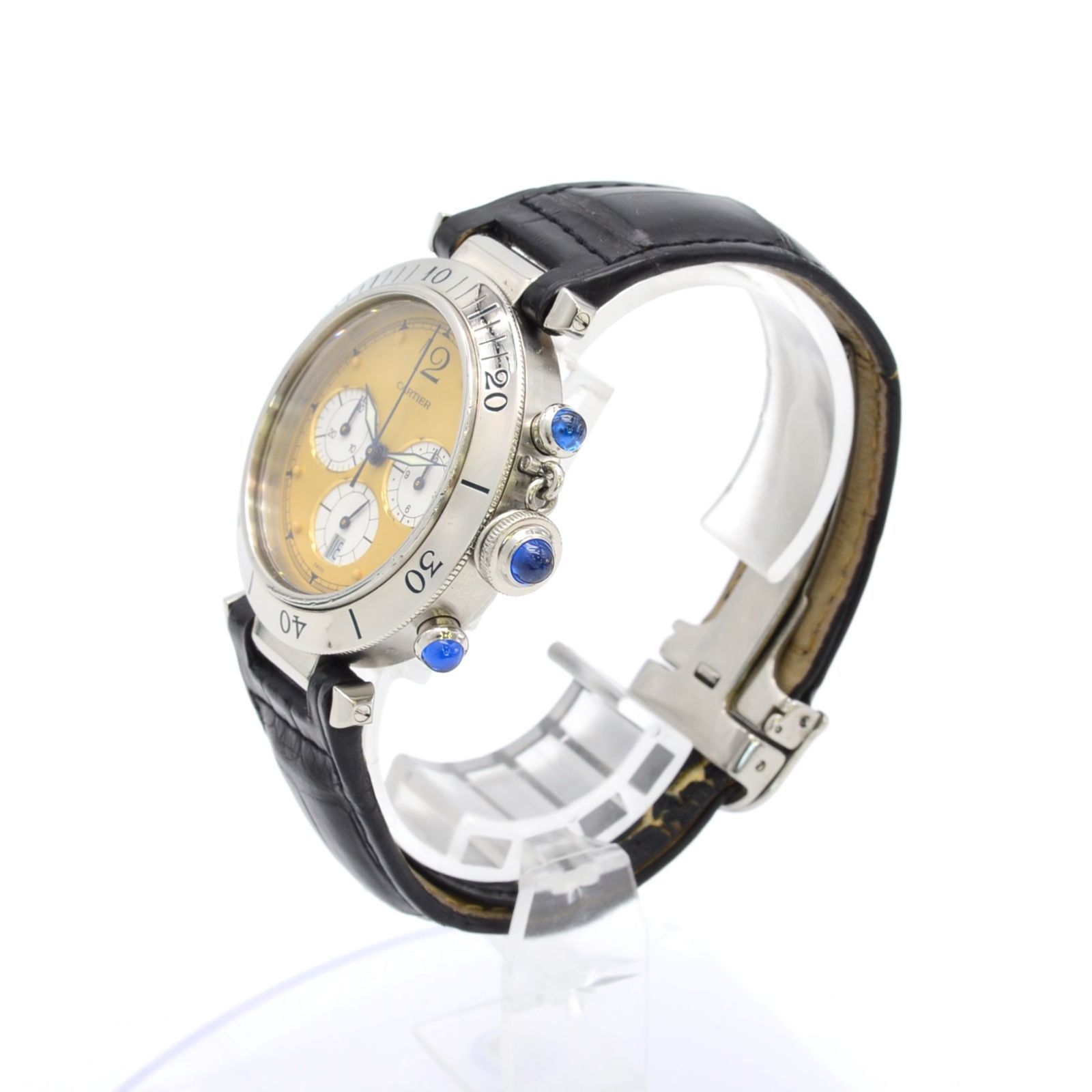 Cartier カルティエ パシャ クロノグラフ SS×革 QZ アイボリー文字盤 メンズ腕時計