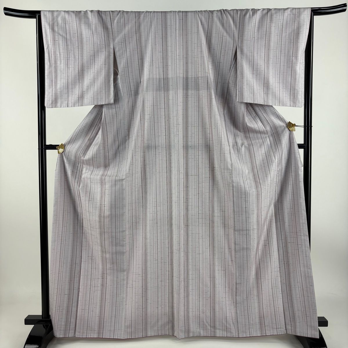 紬 身丈167cm 裄丈67cm M 袷 縦縞 灰紫 正絹 名品
