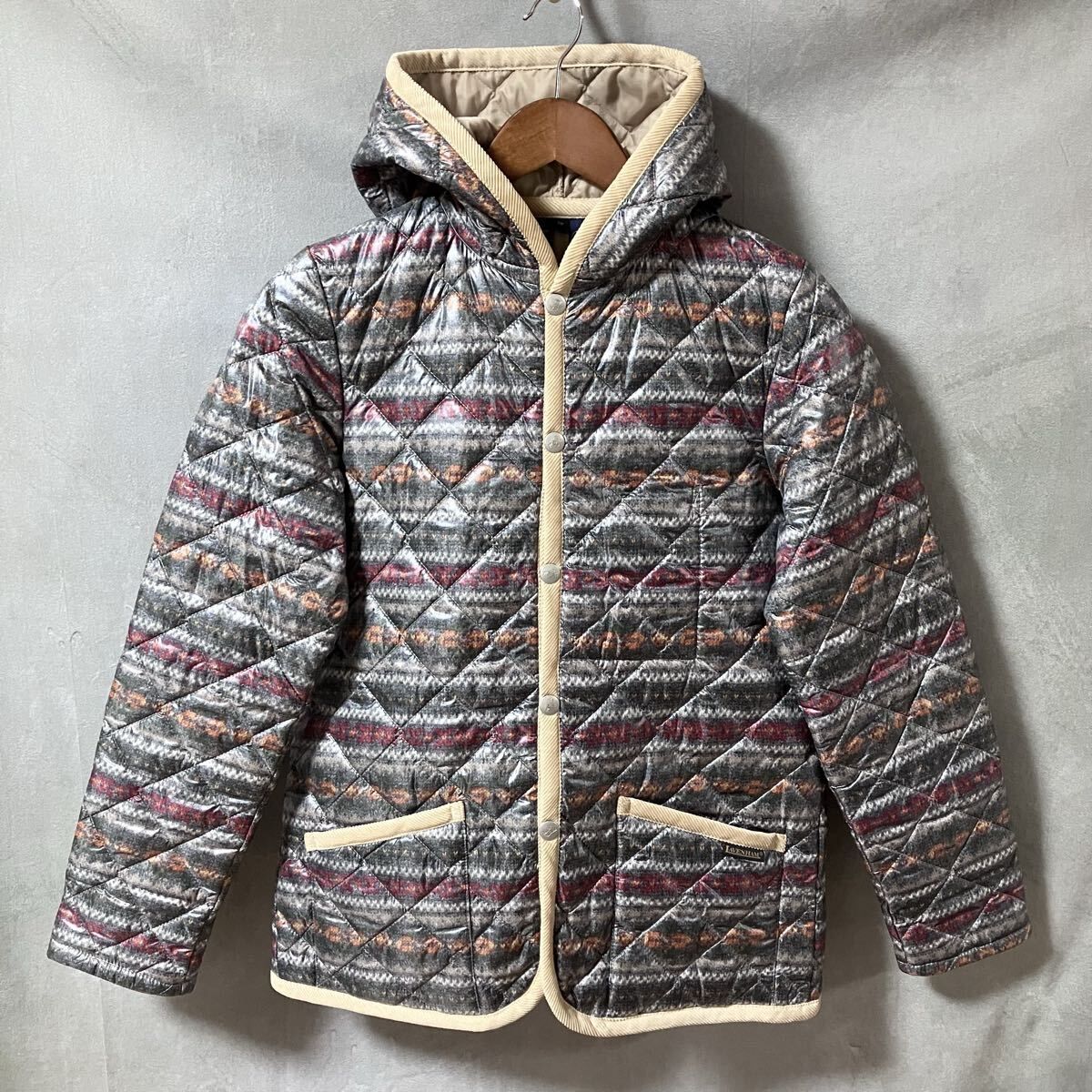 LAVENHAM ラベンハム 別注 ナイロン 中綿 転写 プリント フード キルティング ジャケット size.38 M グレー系 総柄
