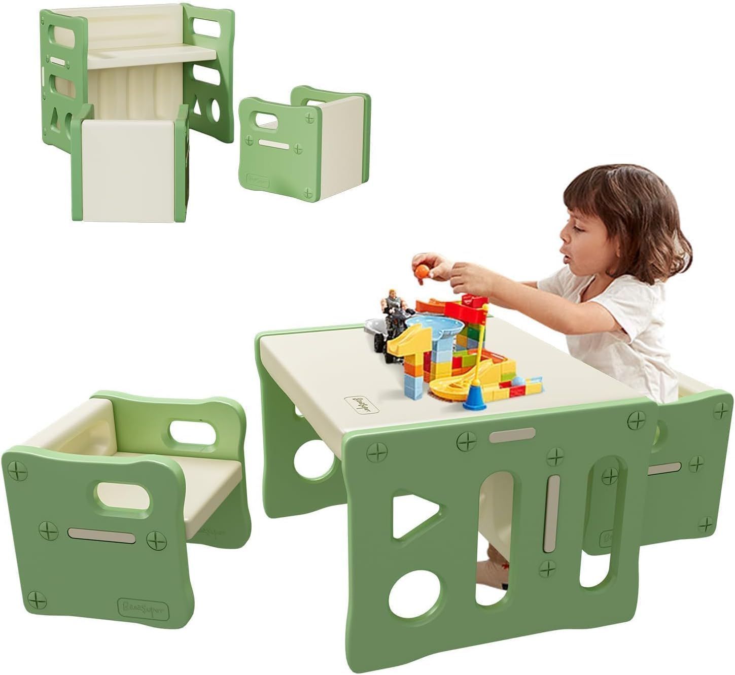 BanaSuper 子供用テーブルと椅子3点セット アクティビティ デスク チェア プラスチック 多機能 収納 家具 リビング学習|絵かき|ダイニング|プレイセット グリーン 外箱ダメージ有り