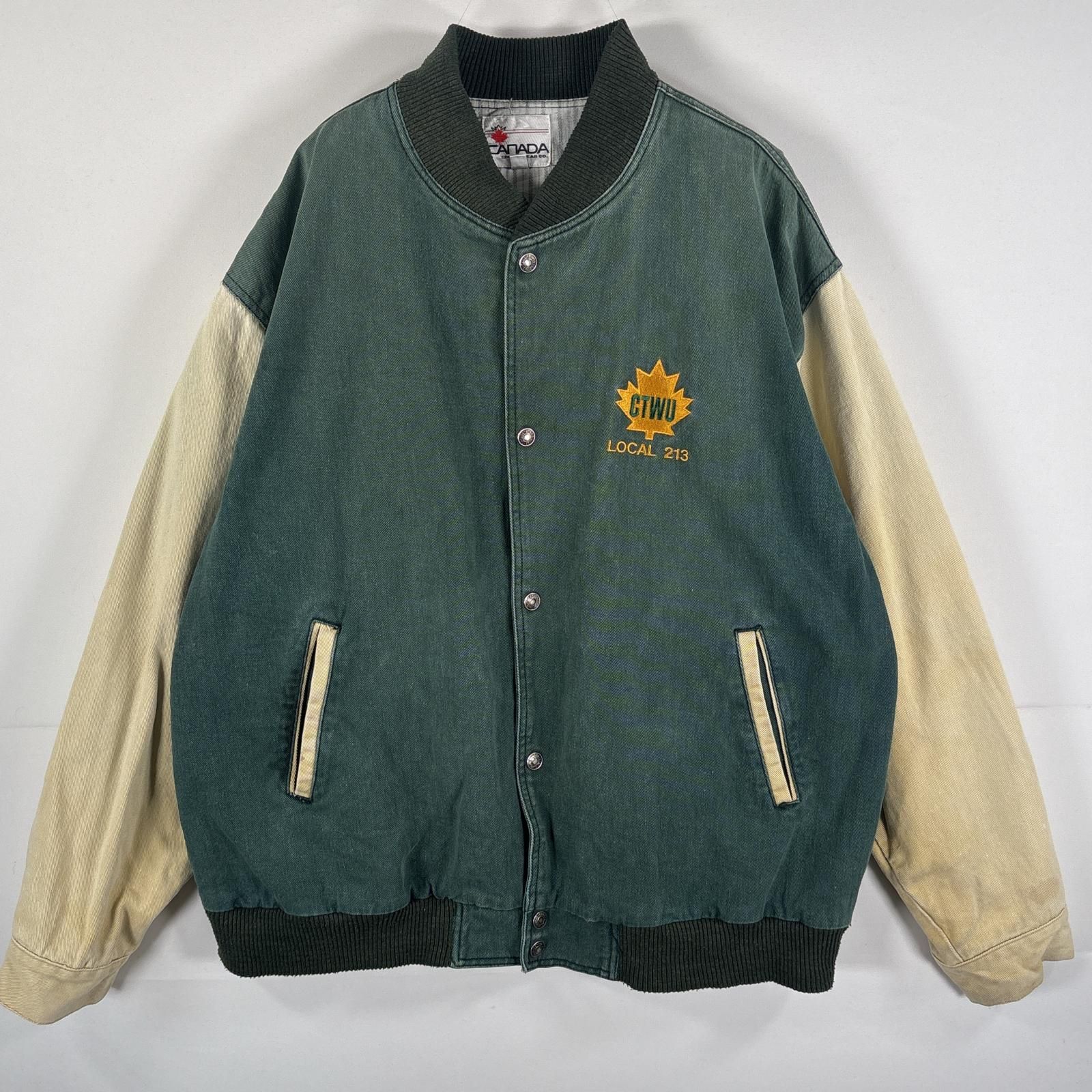古着 90's/90年代 カナダスポーツウェア CANADA SPORTS WEAR スタジャン ブルゾン 裏地ストライプ 刺繍 XL グリーン ベージュ メンズ
