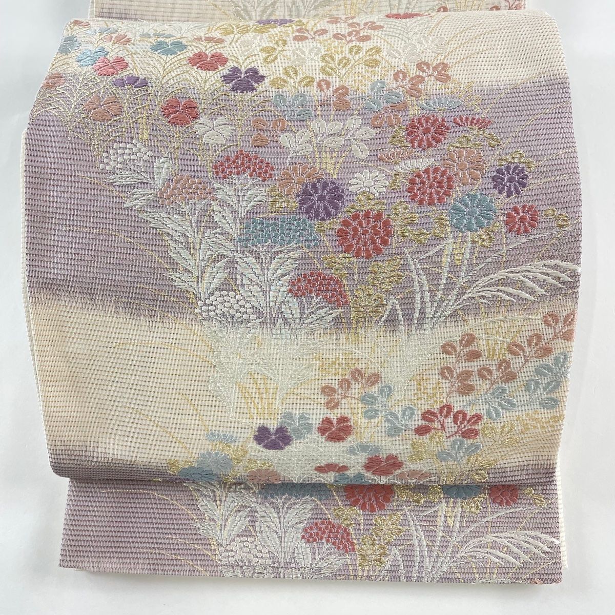 ZF-1134 袋帯 花唐草 金糸 薄紫 正絹 六通 お洒落 ZF-1134 袋帯 花唐草 金糸 薄紫 正絹 六通 お洒落の通販 by