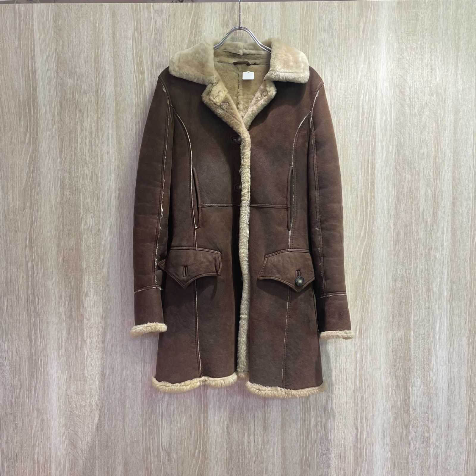 POLLINI ポリーニ イタリア製 ムートンジャケット 本革 ブラウン×ベージュ G0030