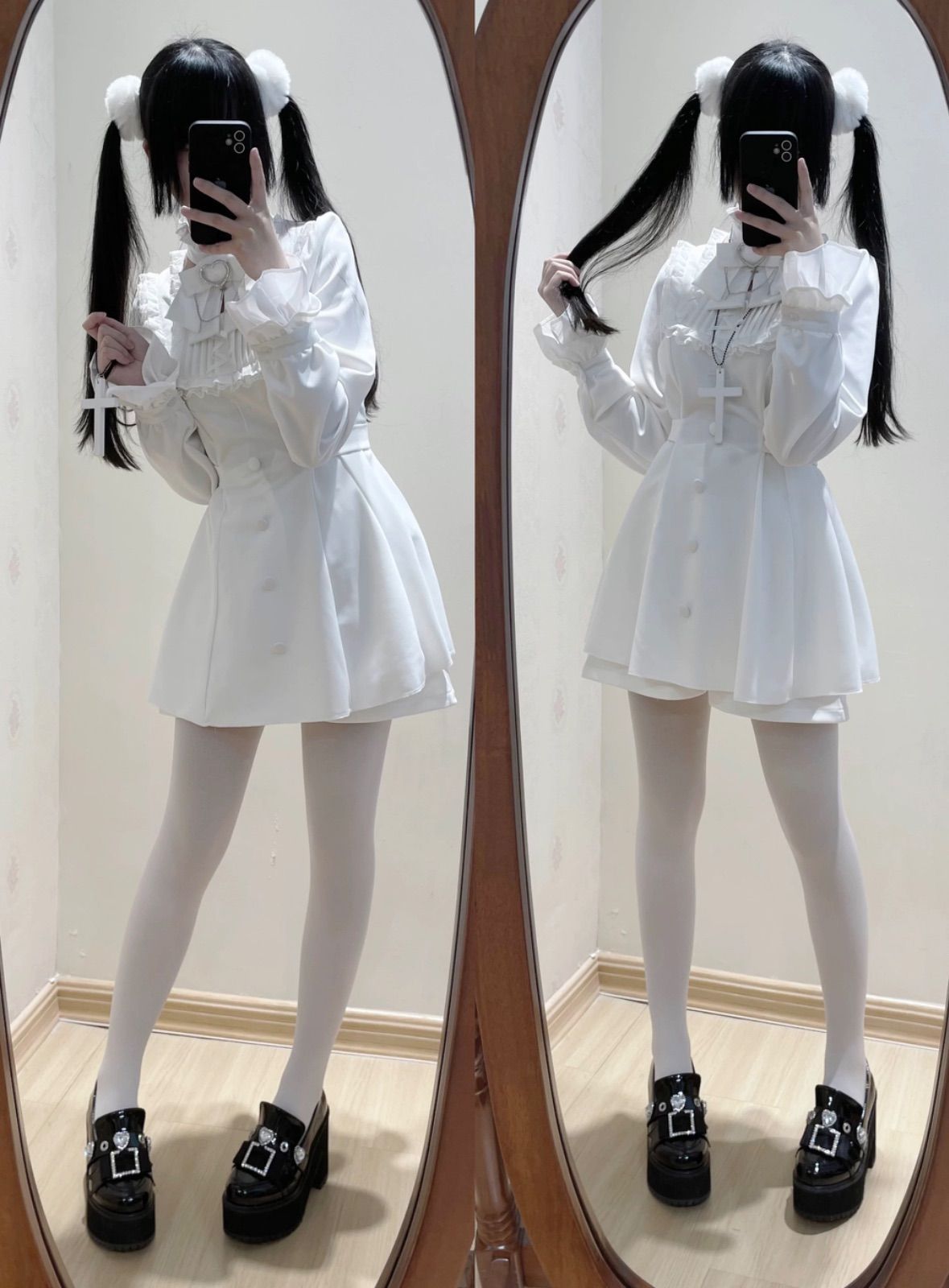 黒姫系セットアップ レース襟リボンワンピース