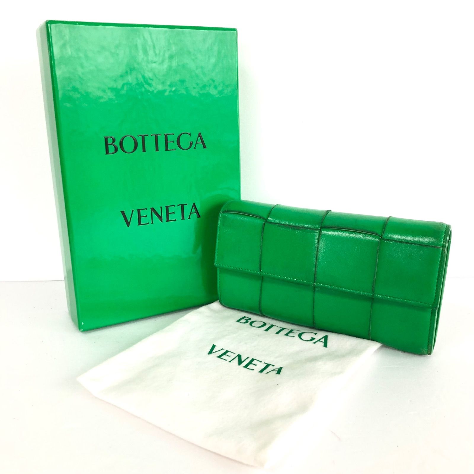 ■良品■希少現行品■鑑定済み■Bottega Veneta ボッテガヴェネタ　マキシイントレチャート　カセット　ロングフラップウォレット　長財布　 レザー　本革　グリーン　ゴールド金具　イタリア製　布タグあり　保存袋、箱付き