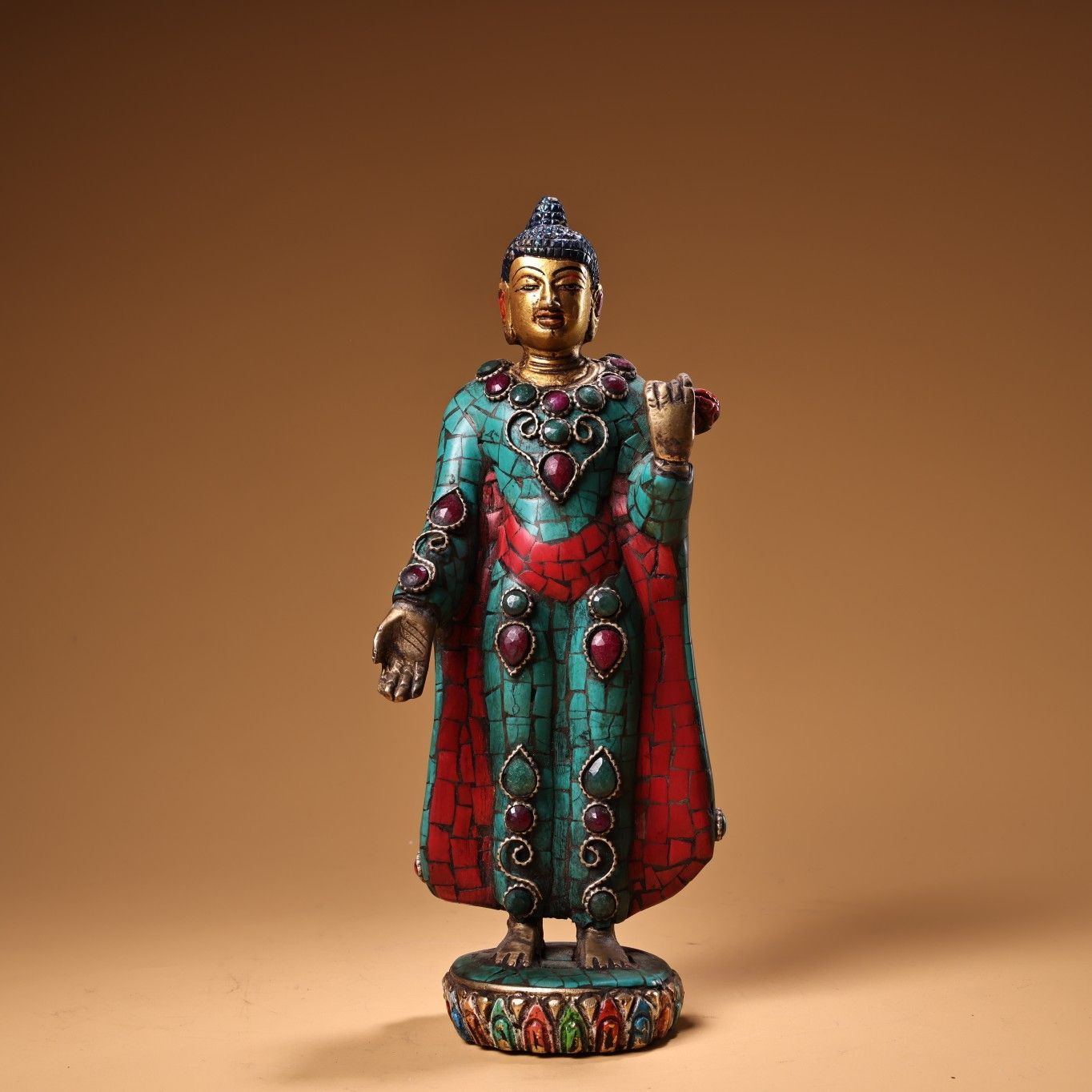 旧家供養品 西蔵収集 銅製 寶石嵌 描金 彩絵 釈迦牟尼像 仏像 仏教 細工 置物擺件 古 古董品 旧家蔵出 蔵友館蔵品 稀少