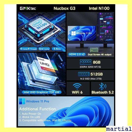 GMKtec ミニpc N100 DDR4 8GB+256GB SSD GMKtec Mini PC Win 11 Pro, 16GB