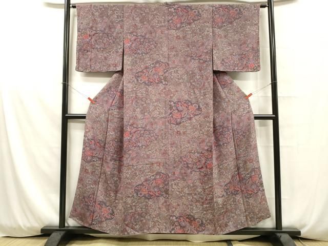 縮緬　正絹 新古品 小紋 着物 反物 正絹 着尺 手染め 浜ちりめん 八千代縮緬 縮緬 濃グレー地 四季の花 橘 笹 蘭 菊 紅葉 梅 金彩加工 本加工  未使用 新古品 未仕立て みやがわ sb14124 | リサイクル着物 みやがわ 中古着物