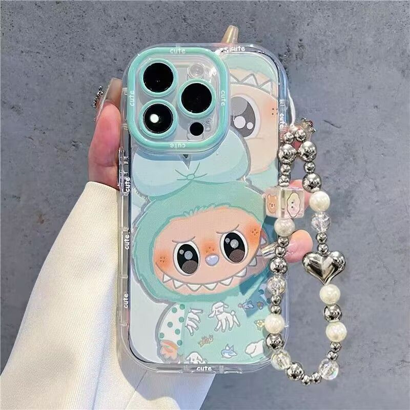 Labubu ラブブ スマホケース iPhone16 Pro スマホケース ラブブLabubu グリーン ピンク ストラップ付き