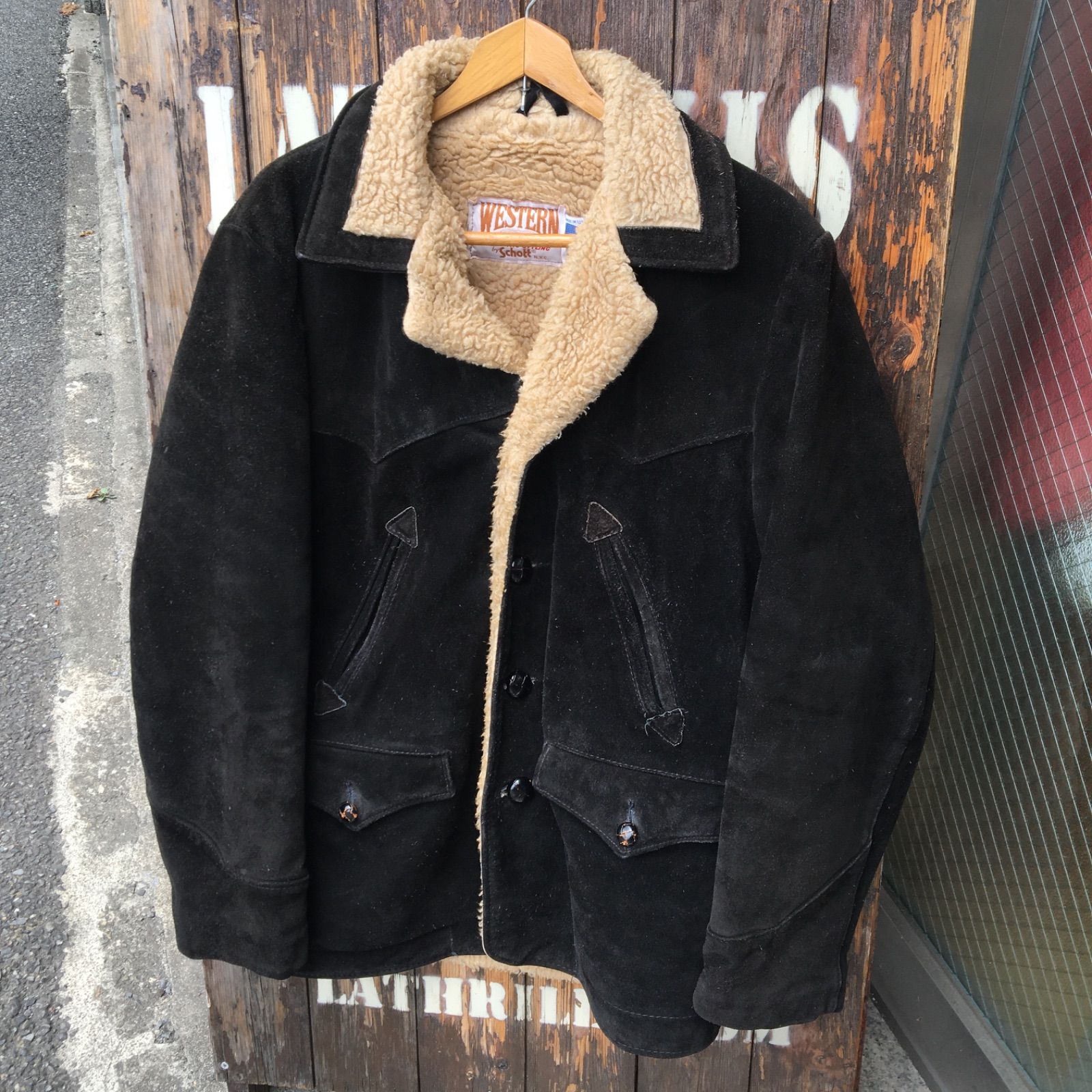 90s USA製【Schott】Ranch Coat オールド ショット スエードレザー 裏ボア ウエスタン ランチコート 黒◆Size:US-36