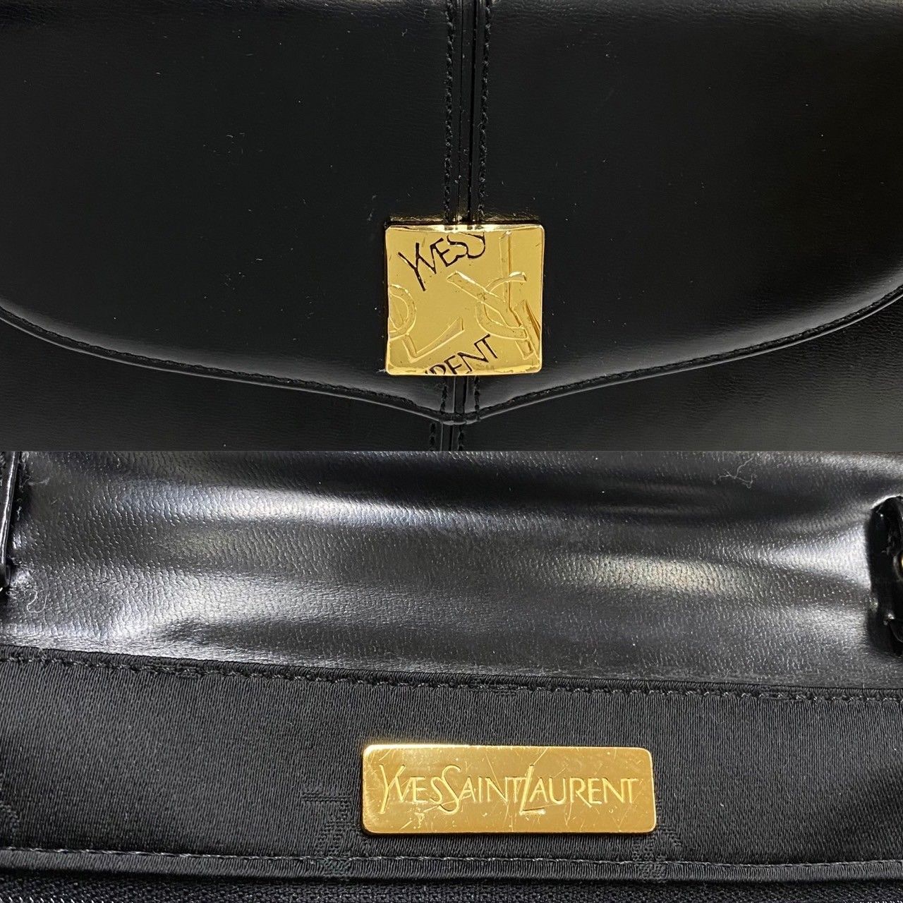 RomUsed極 美品 イヴサンローラン YSL ロゴ カーフレザー ハンドバッグ ブラック