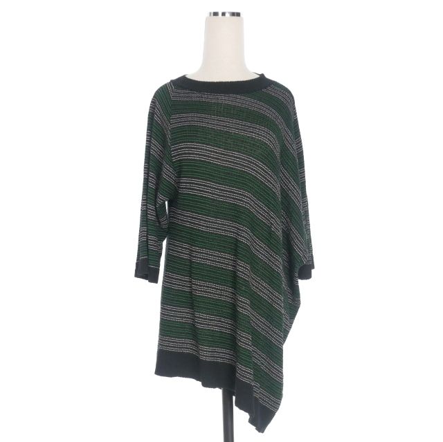 スドーク soduk 23SS sliding knit top アシンメトリー ボーダー オーバーサイズニット セーター 半袖 ブラック|グリーン 黒|緑 0423010507