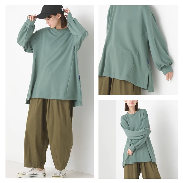 新品 OMNES オムネス +3℃蓄熱ストレッチ ボリューム長袖Tシャツ レディース Aライン アイボリー ブラック ブラウン グリーン パープル あたたかい 2024秋冬