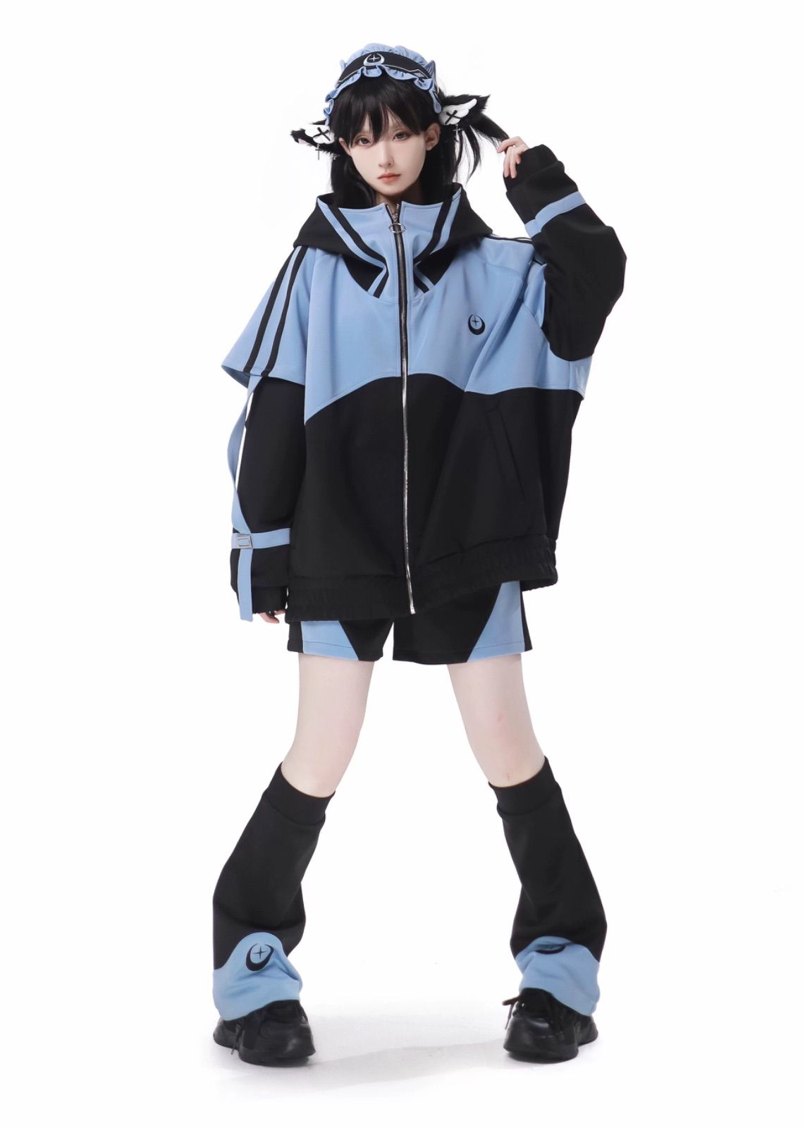 ブラック ブルー セットアップ サブカル 服 オーバーサイズ 大きめ ゆったり 原宿 渋谷 10代 20代 ファッション 人気 ジャージ パーカー コスプレ 地雷系 量産型 サイバー系 y3k 渋谷 病みかわ ジャージ トップス 長袖