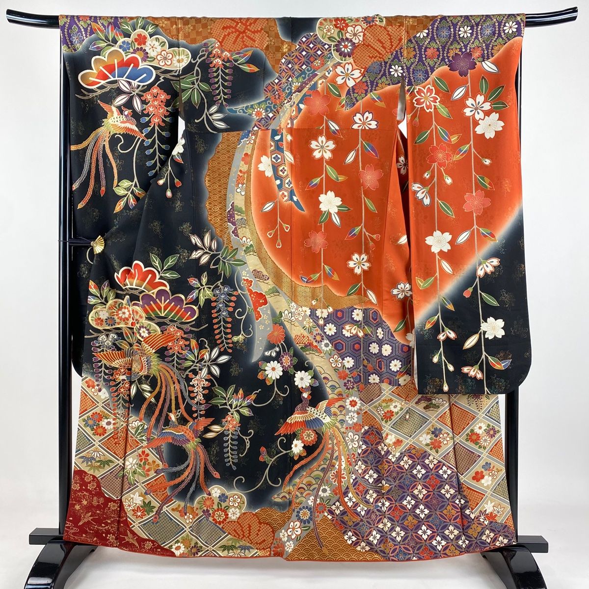 振袖 身丈162cm 裄丈67cm M 袷 鳳凰 笠松 金通し 金糸 黒 正絹