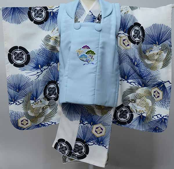 七五三 三歳 男児 被布着物セット 5点セット 白地×水色 被布に刺繍入り