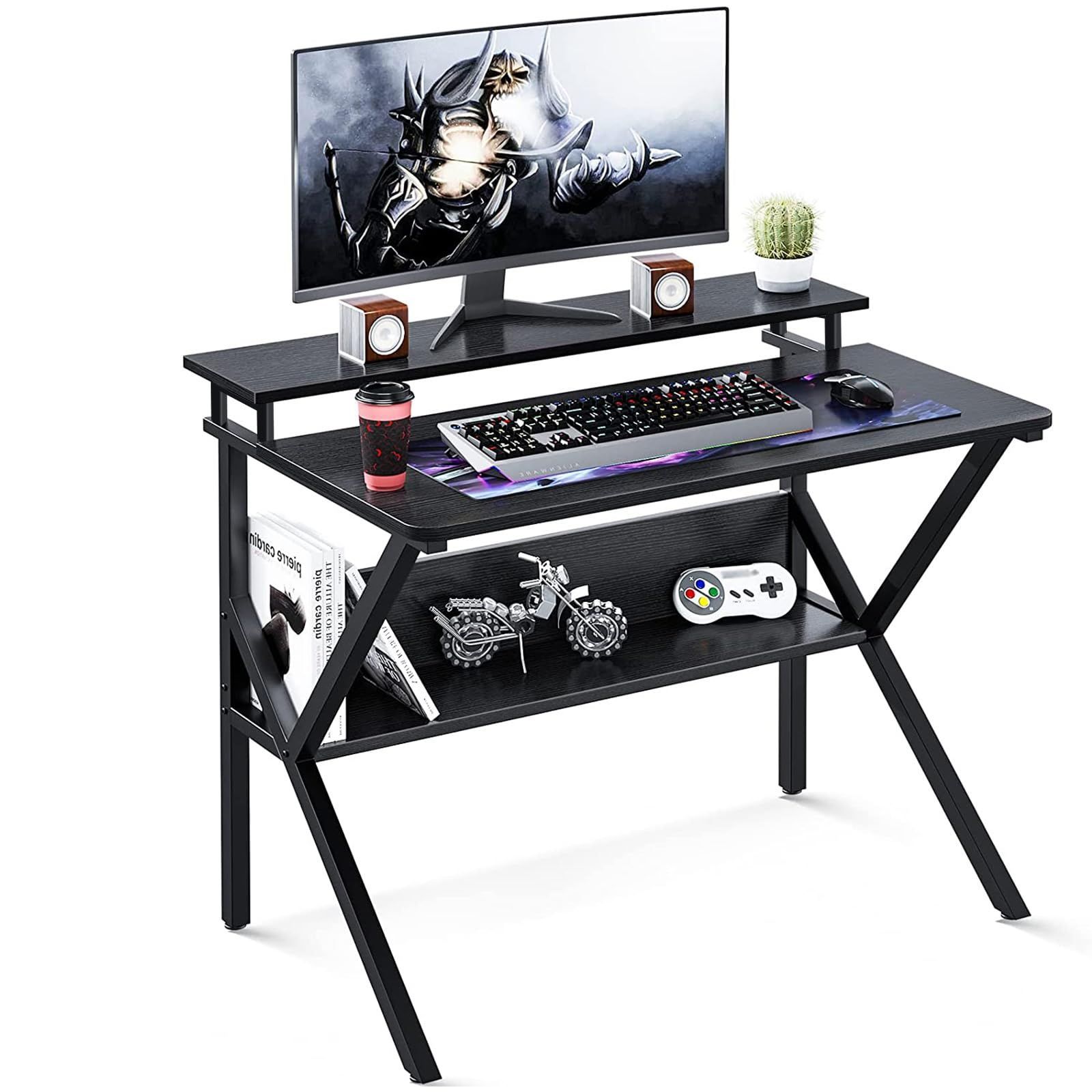 新着商品 KKL パソコンデスク モニター台付き 幅70cm×奥行48cm 机 pcデスク 棚付きデスク コンパクト 省スペース 在宅勤務 テレワークデスク 頑丈で組立簡単 おしゃれ 大人|子供用 収納 モニターアーム対応 ブラック
