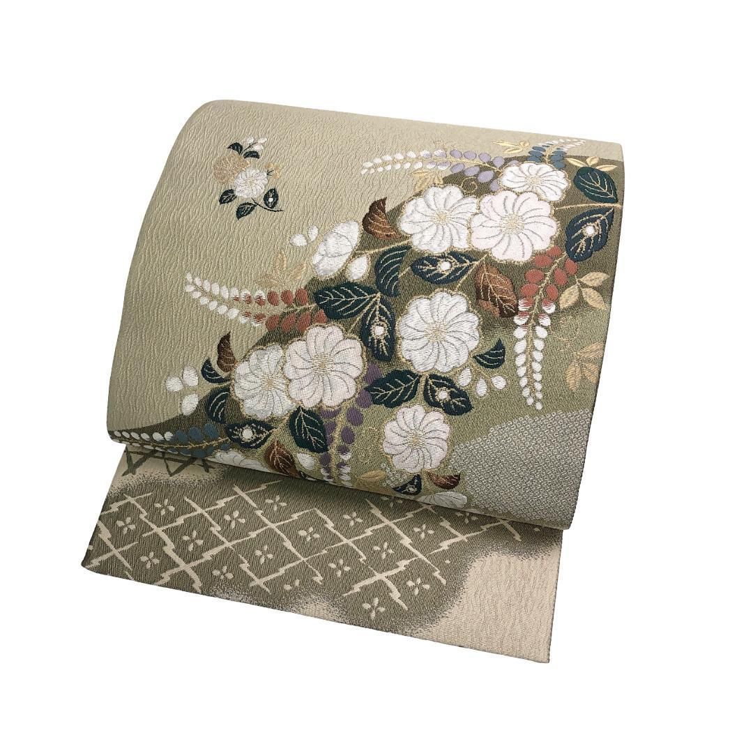 袋帯 辻が花模様 蕎麦切色 金銀糸 O-5494