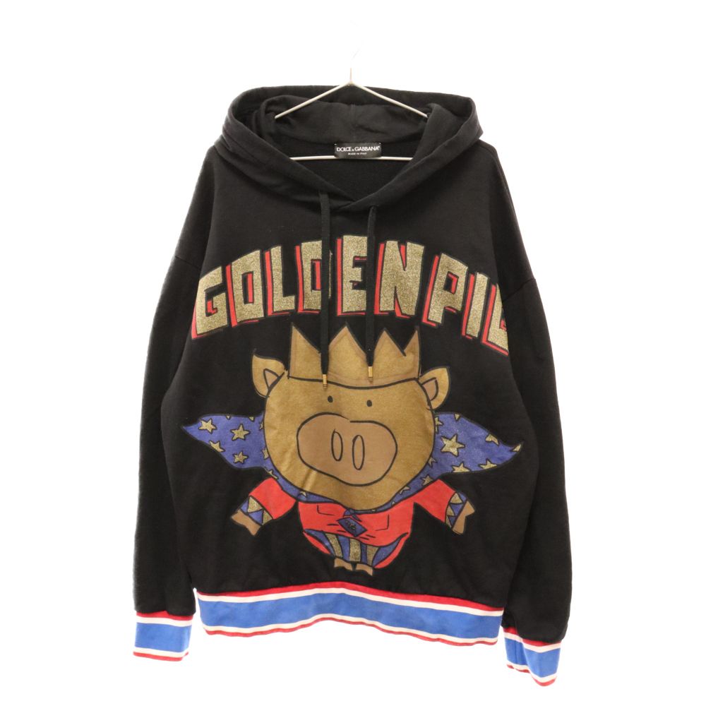 DOLCE u0026 GABBANA (ドルチェアンドガッバーナ) GOLDENPIG PULLOVER HOODIE ゴールデンピッグ プリントプルオーバーフーディ パーカー ブラック/ゴールド G9NG9TFU7DU