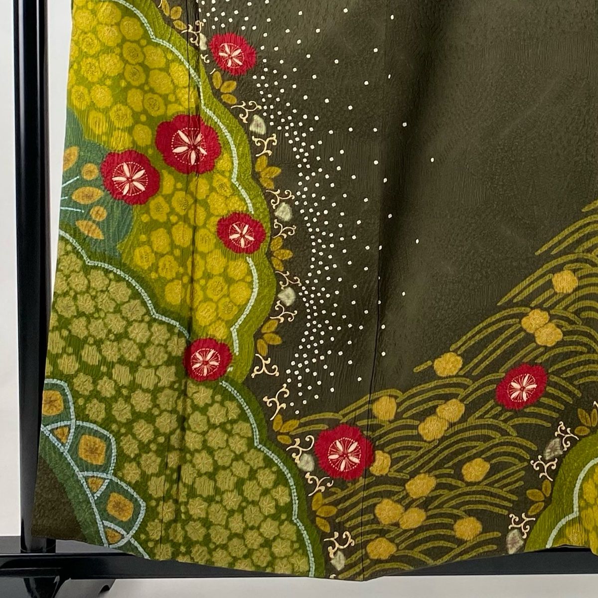 振袖 身長157-172cm 緑 正絹 振袖 身丈157cm 裄丈62.5cm S 袷 桜 波 絞り 金彩 茶緑色 正絹