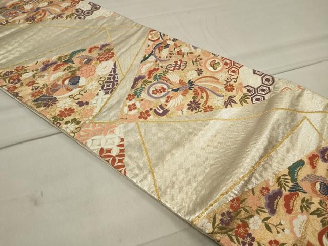 袋帯 銀通し 金彩 手描き 鳳凰 鳥 桐 正絹 六通 Q1166 袋帯 銀通し 金彩 手描き 鳳凰 鳥 桐 正絹 六通 Q1166 袋帯 銀