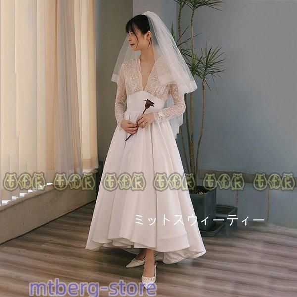 ウェディングドレス マキシ丈ドレス ウエディングドレス 前撮り レース 後撮り 披露宴 結婚式 挙式 長袖 ウェデイングドレス 花嫁 二次会 wLYX日替わり