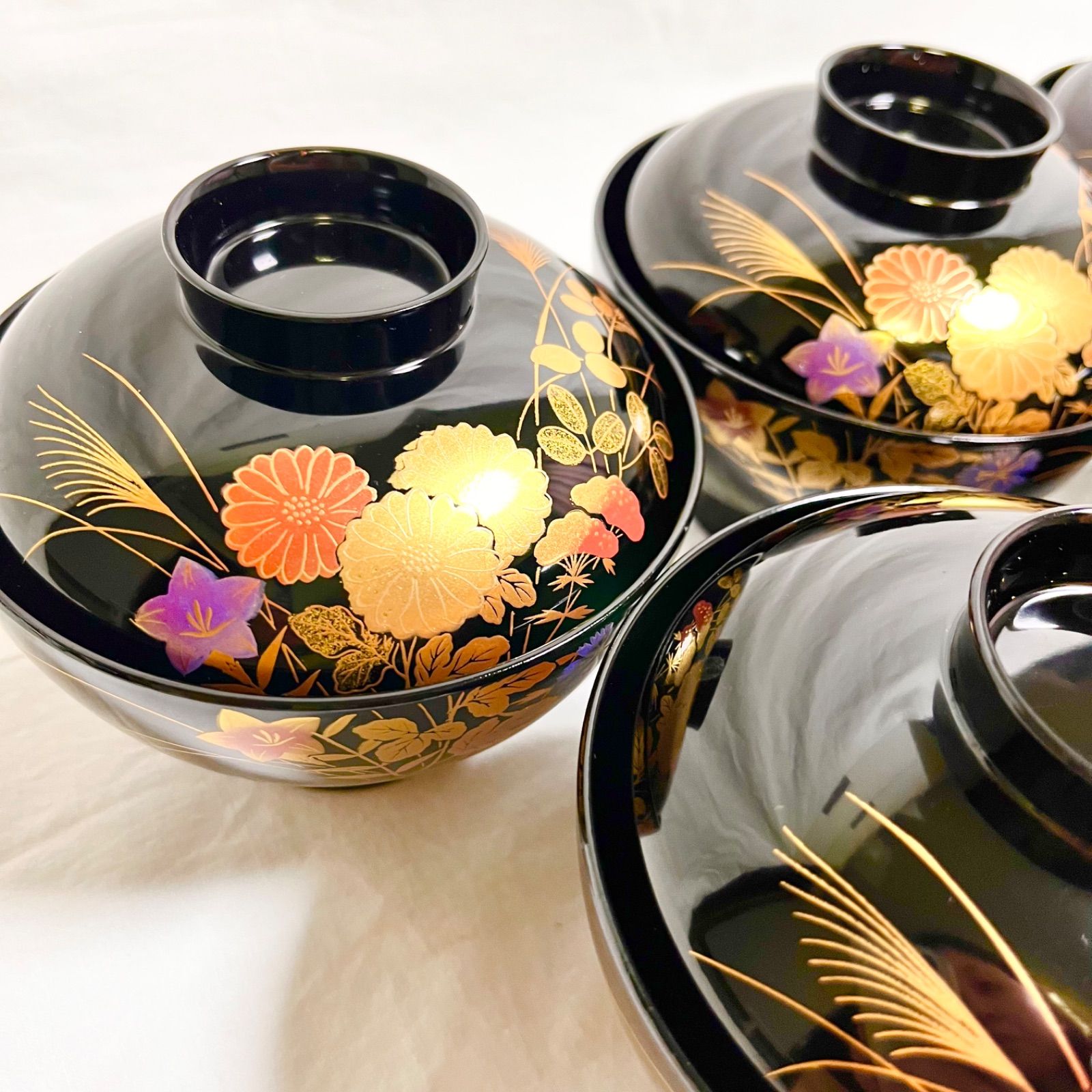 特撰会津塗 御吸物椀 竹笹 漆器 漆塗り 金彩 5客セット