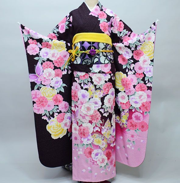 振袖 正絹 着物 単品 仕立て上がり 百花繚乱 ラメ入り 花と蝶 茶系 