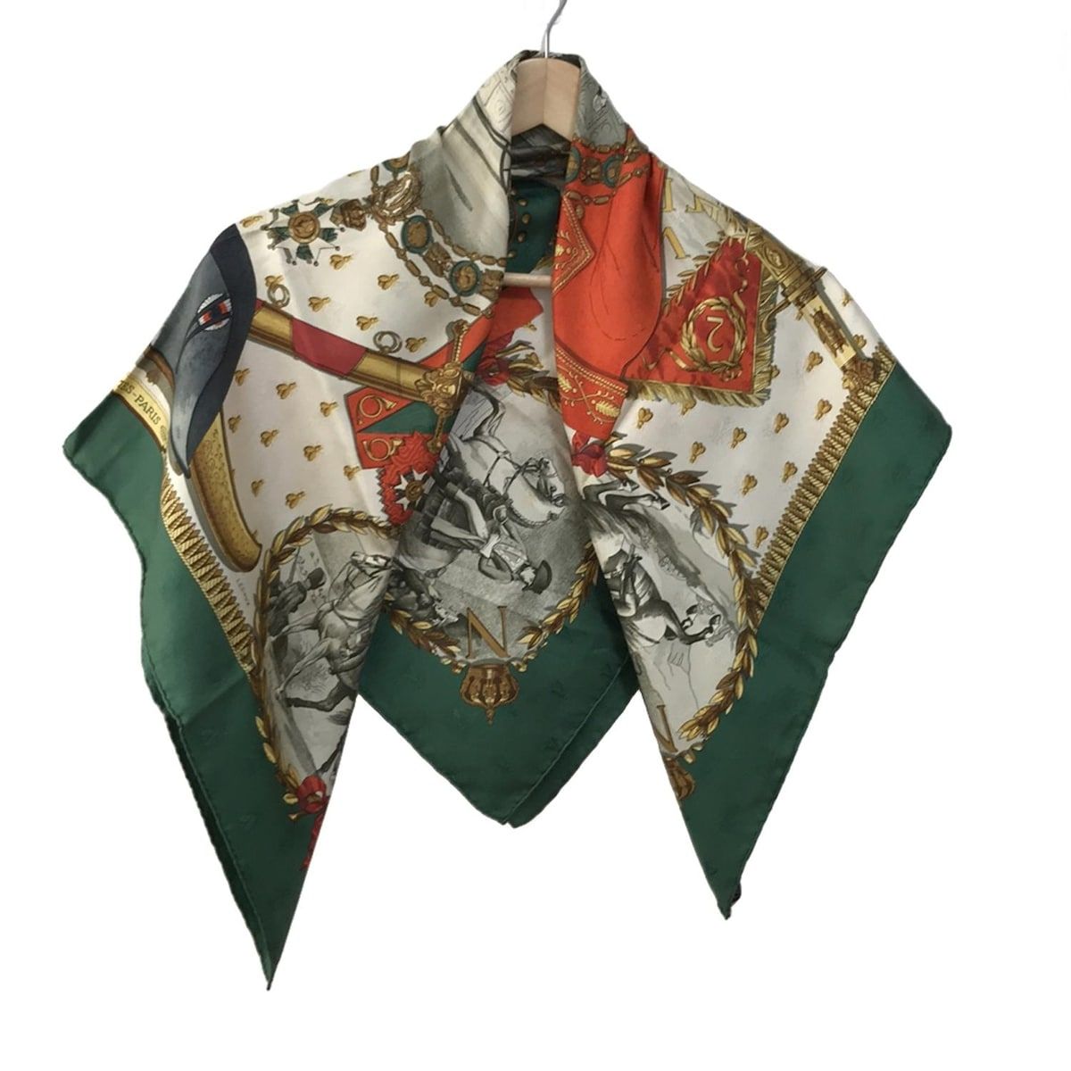 HERMES エルメス スカーフ カレ90 白×ダークグリーン×マルチ NAPOLEON