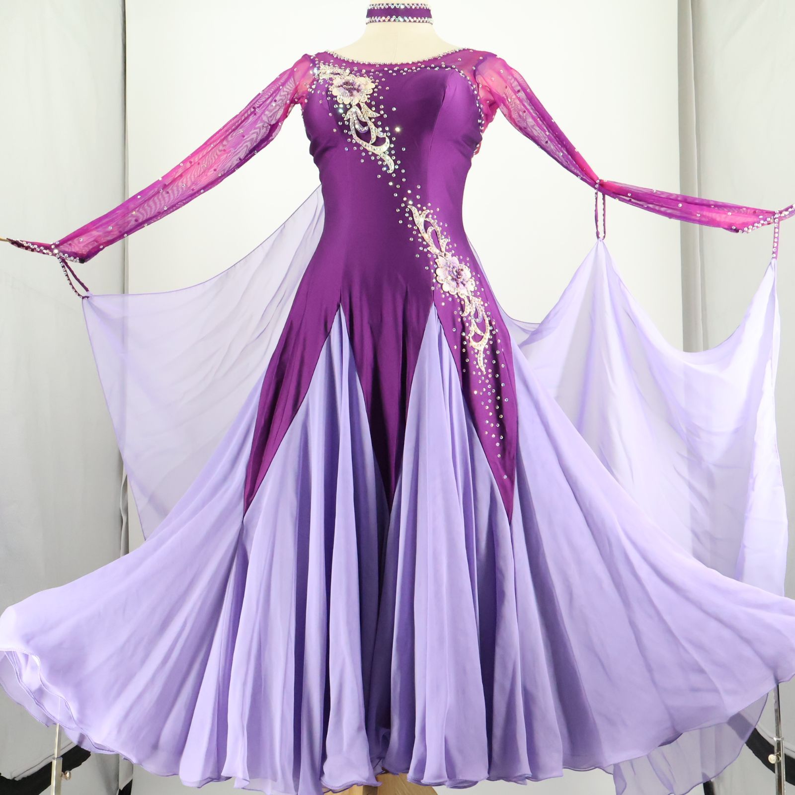 社交ダンス衣装】パープル ワンピース ドレス フロート レース ライン