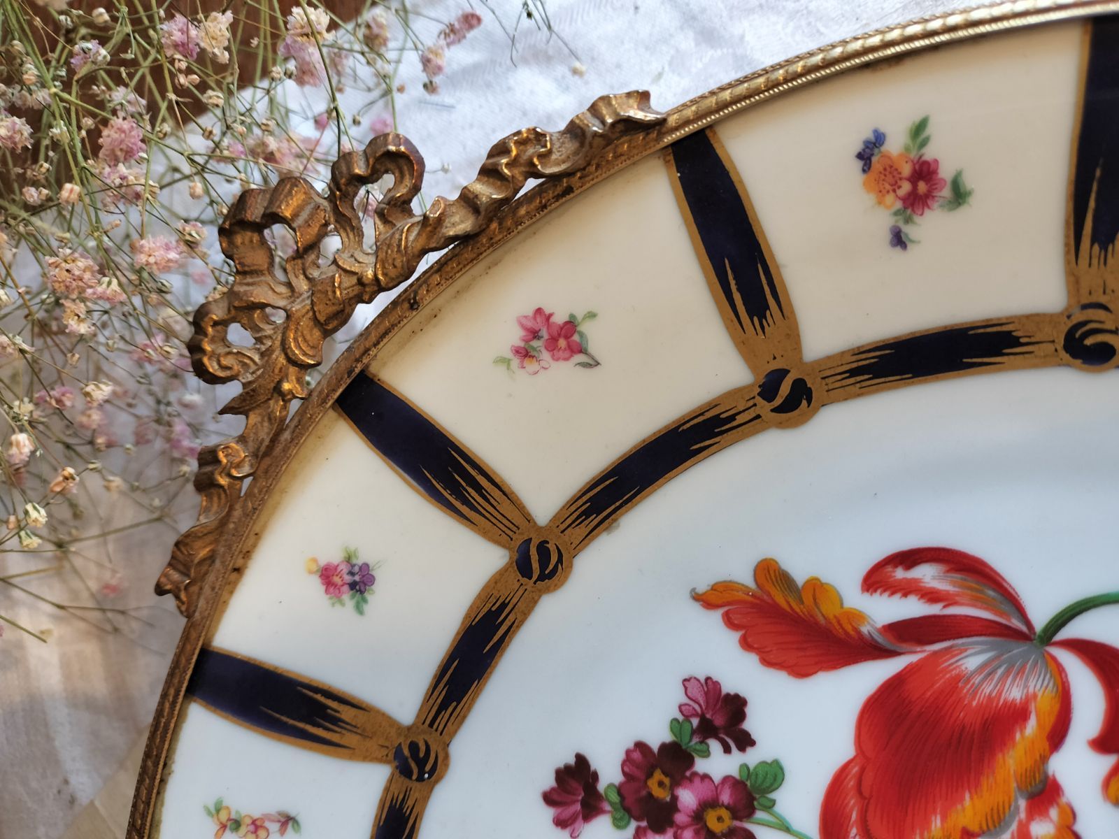 フランス アンティーク リボン装飾付き 花絵付き リモージュ陶器 