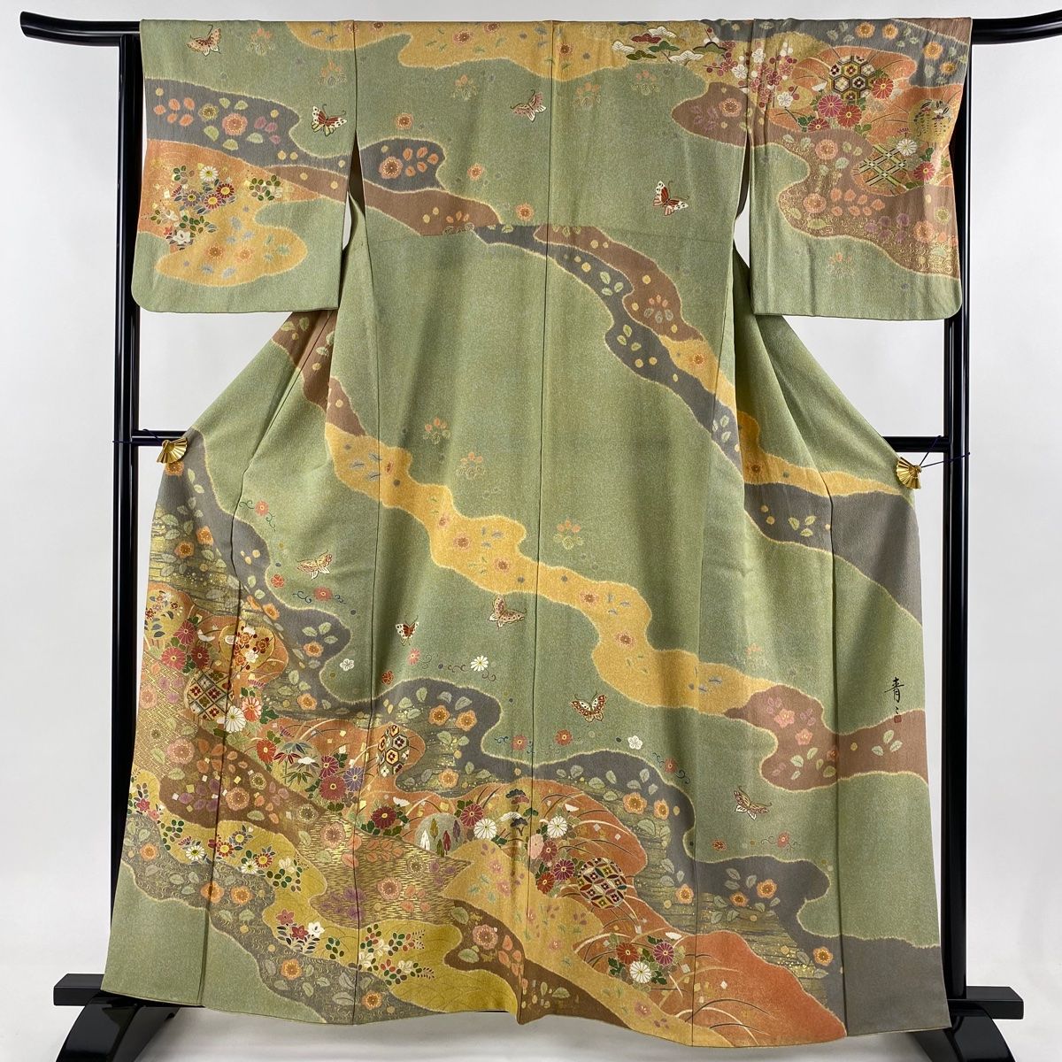 単衣訪問着美品✨大胆な蝶とお花の柄落款入り　身丈肩166 訪問着 身丈159.5cm 裄丈64.5cm M 袷 松井青々 落款 草花 蝶