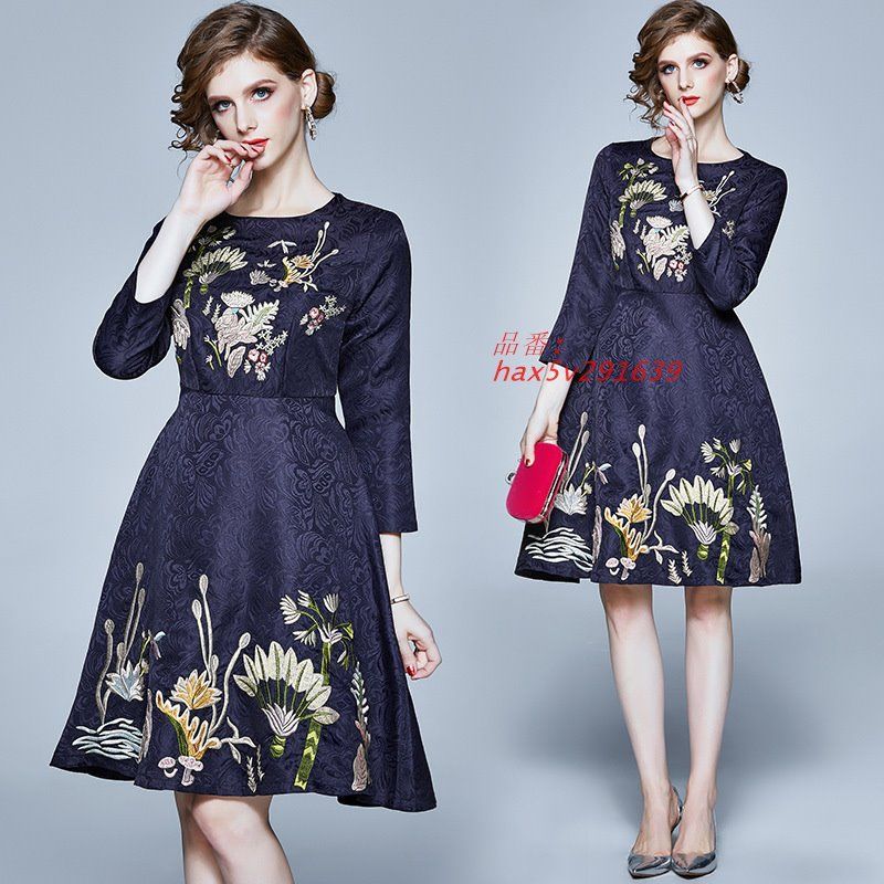 新着 ワンピース M-3L ジャガード織 感 華やか パーティ ミニ フ ー 花柄刺しゅう おでかけ 結婚式 202111 七分袖 202112 通勤 hax5v291639