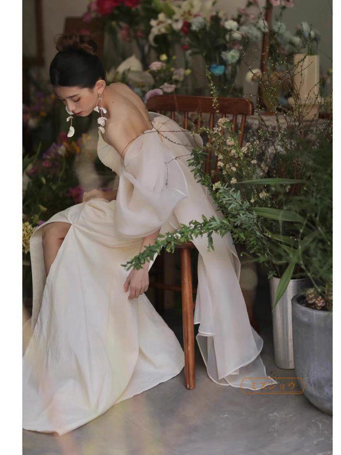 前撮り 二次会 結婚式 オフショルダー チュール袖 ソフトマーメイド