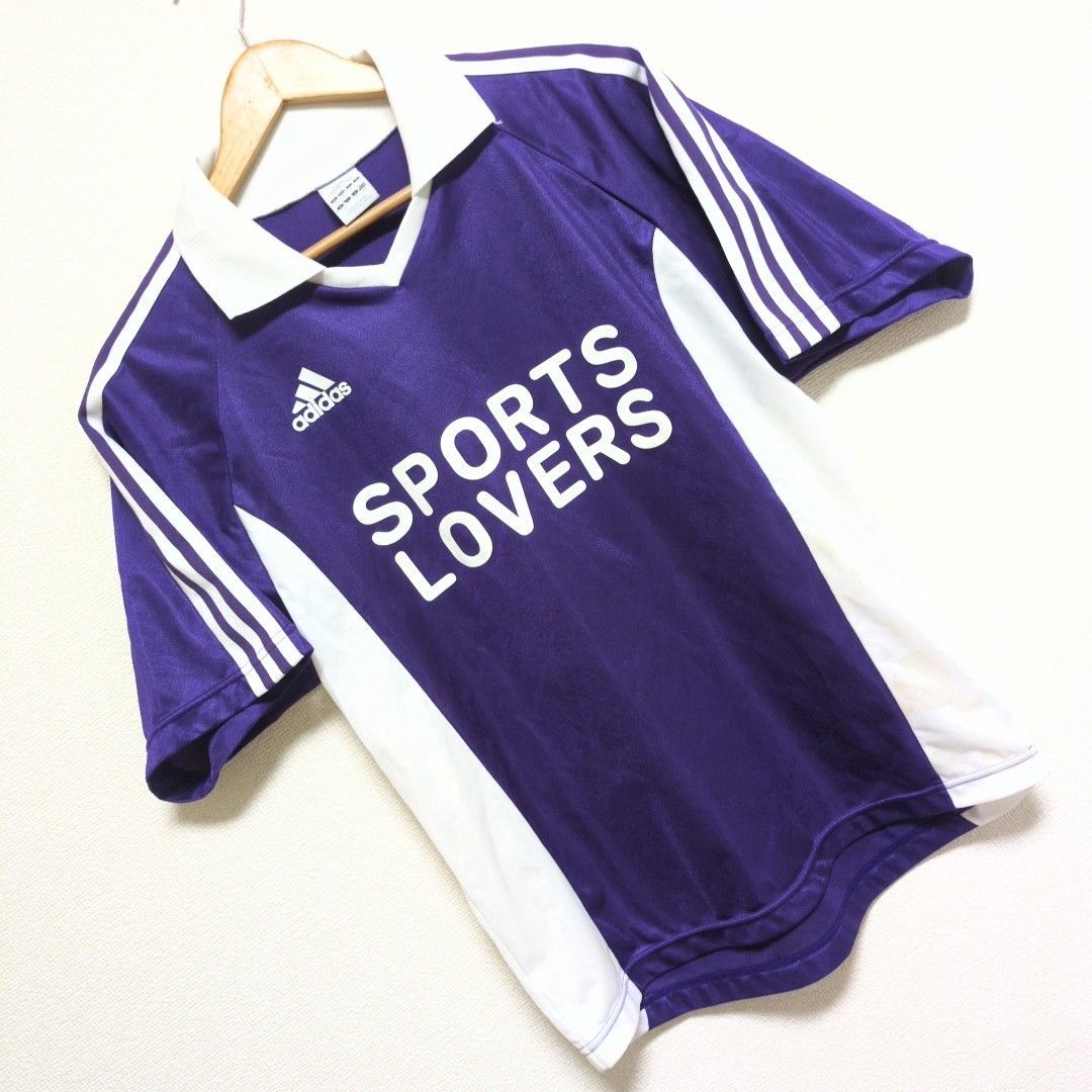 日本製◎(^w^)b adidas アディダス 半袖 シャツ テキーラ先生 ユニフォーム 紫 パープル 白 ホワイト ロゴ ライン 学園祭 文化祭  薄手 軽量 体育祭 古着 ラフ 運動 トレーニング 紳士 メンズ サイズM