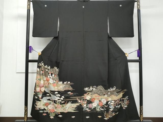 平和屋着物□豪華黒留袖 駒刺繍 流水枝花文 金彩 正絹 逸品