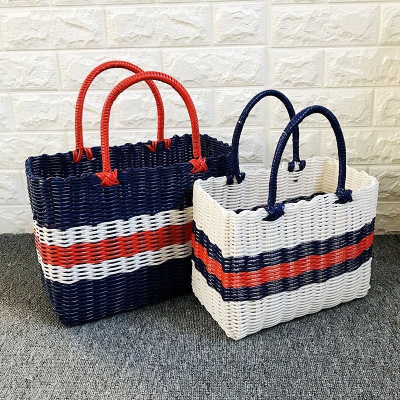 プラかご V28 ハンドメイド PPバンド エコバッグ ホワイト× ネイビー