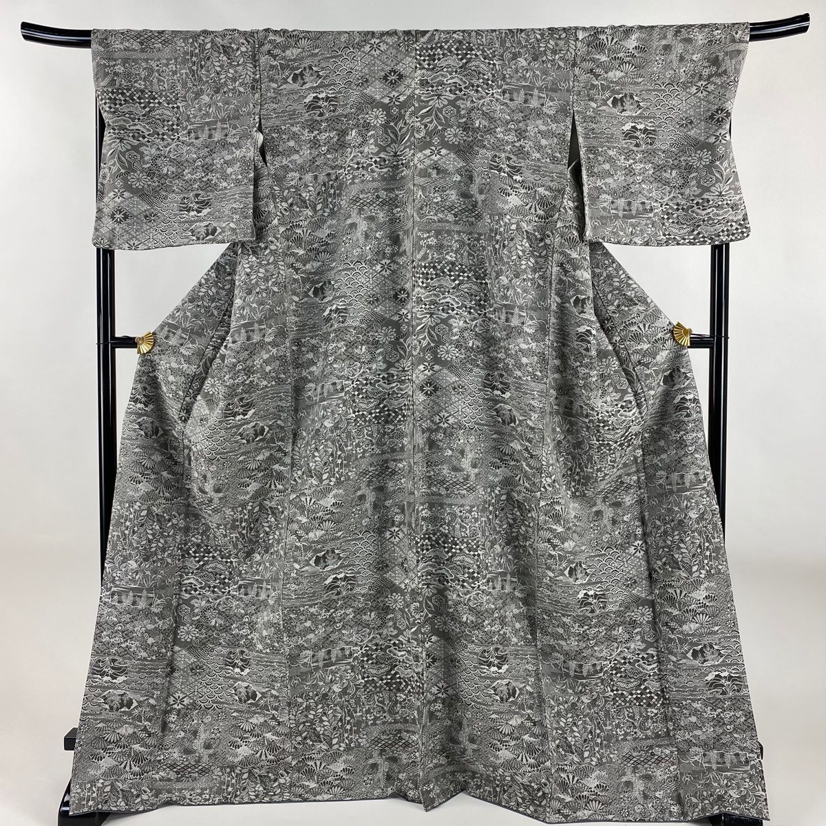 小紋 身丈176cm 裄丈70cm L 袷 ほていや 松竹梅 青海波 紋意匠 灰色 正絹 名品