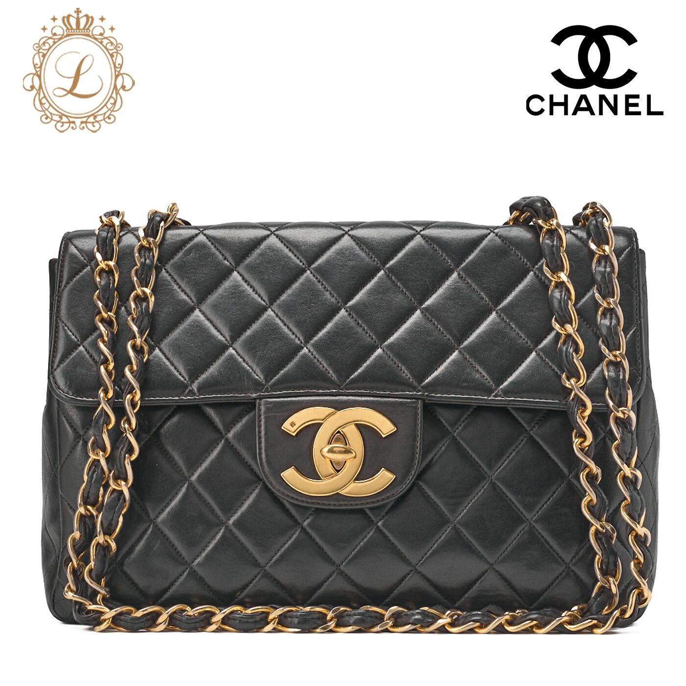 CHANEL シャネル チェーンショルダーバッグ デカマトラッセ 30cm シングルフラップ ラムスキン 黒 ゴールド金具 レディース バッグ レディース