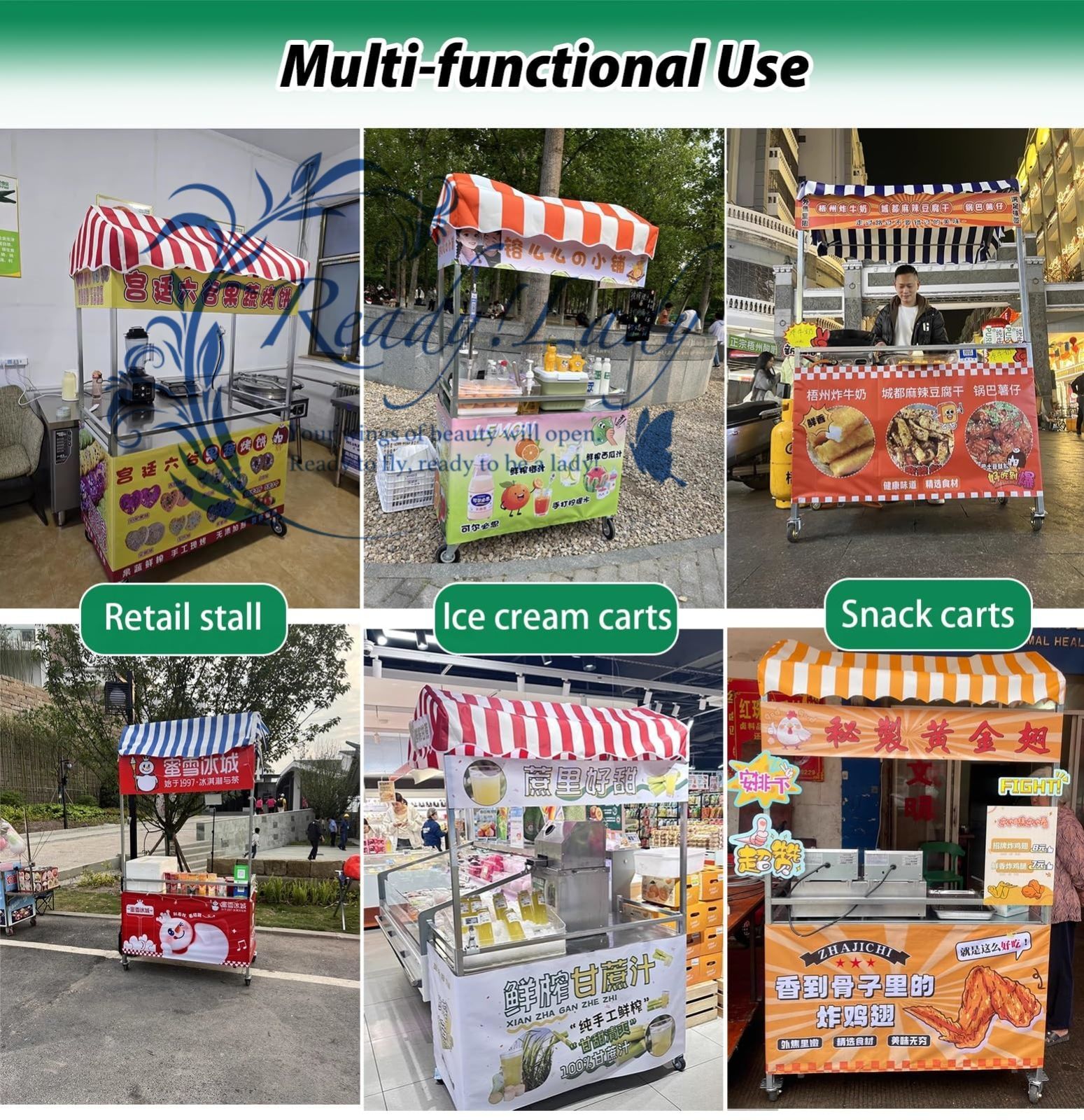 ホットドッグを販売する車輪付きスチール製ベンダーカート 2段カウンター式ベンダー用スナックブーススタンド