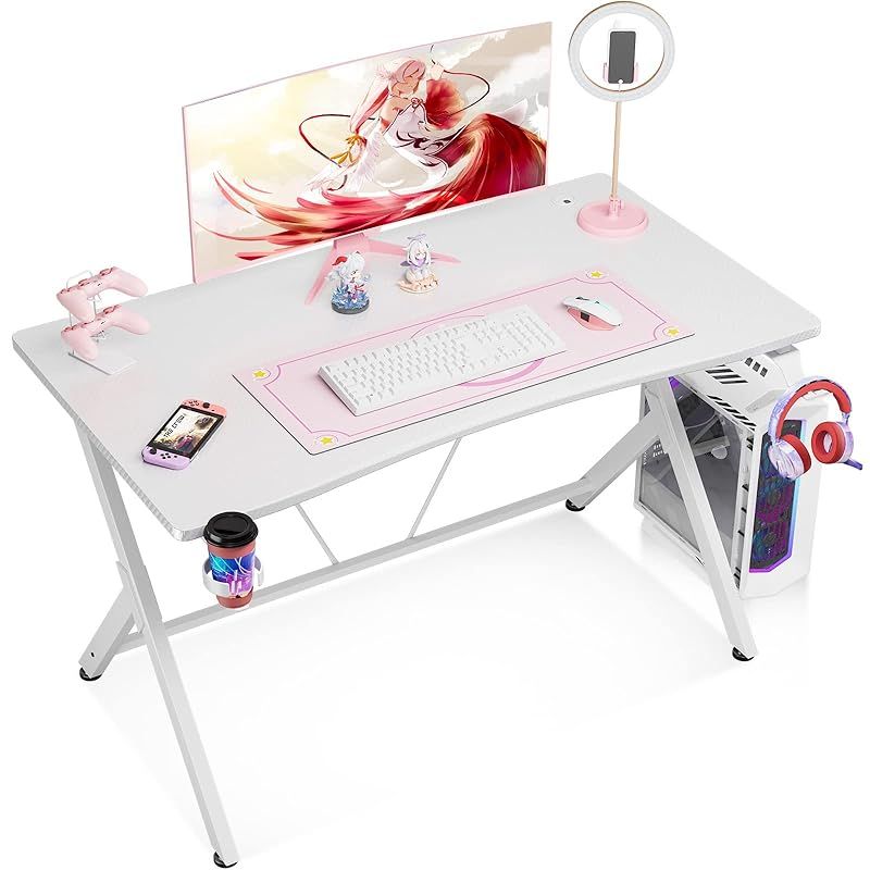 KKL ゲーミングデスク 幅100cm*奥行55cm*高さ75cm パソコンデスク ス字脚 デスク ゲーミングテーブル PCデスク 炭素繊維天板 カップホルダーとヘッドフォンフック付き ゲームデスク ホワイト 1