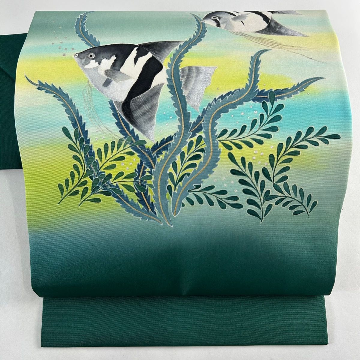名古屋帯 名品 魚 海藻 金銀彩 緑 正絹