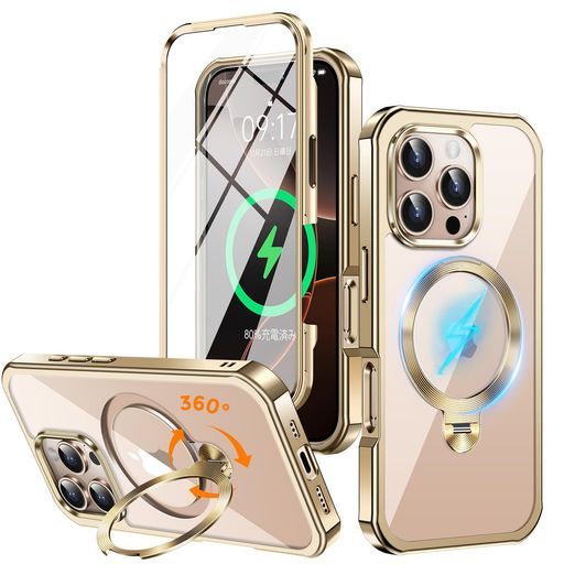 【360回転CDスタンド・両面完全保護・MagSafe対応】NIANGUOiPhone16Pro用ケース[横縦両立・隠し定点回転スタンド・超絶安定性][本体の色・ソフトメッキバンパーu0026完全信号保証!]ストラップホー… ケース 縦横両対応 カバー 隠しポケット搭載／ 手帳型 耐