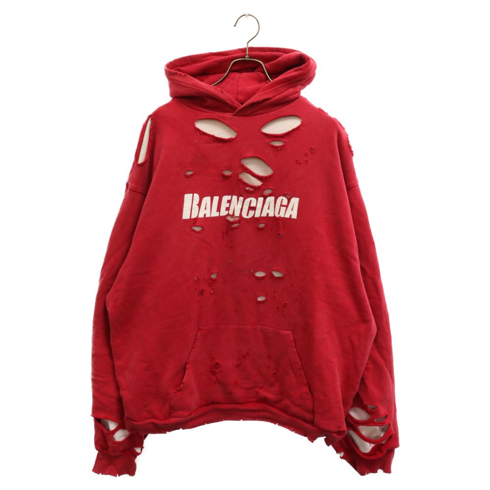 BALENCIAGA (バレンシアガ) 21SS Caps Destroyed Hoodie キャップス デストロイド フーディ  プルオーバースウェットパーカー ダメージ加工 レッド 659403 TKVB6