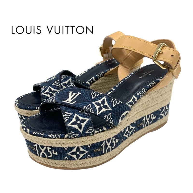 ルイヴィトン LOUIS VUITTON バウンダリーライン モノグラム サンダル 靴 シューズ デニム レザー ネイビー ベージュ エスパドリーユ ウェッジソール 1854