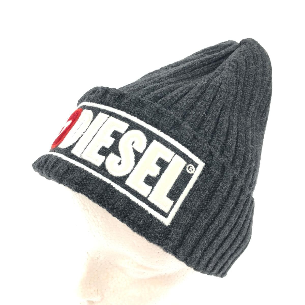 DIESEL ニット帽　ニットキャップ ウール コットン 黒ロゴチャコールグレー diesel ニット帽 DIESEL ニット帽 ニットキャップ ウール コットン 黒
