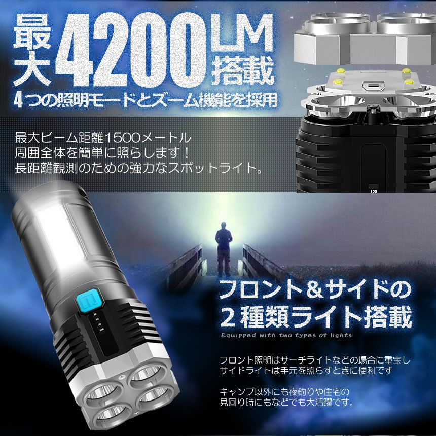 懐中電灯 2個セット 作業灯 LED 充電式 強力 高輝度 防災 地震 高輝度 4200ルーメン ハンディライト COBライト 電力表示 大容量電池 IPX6防水 4モード 停電対策 登山 夜釣り 夜間訓練 作業灯