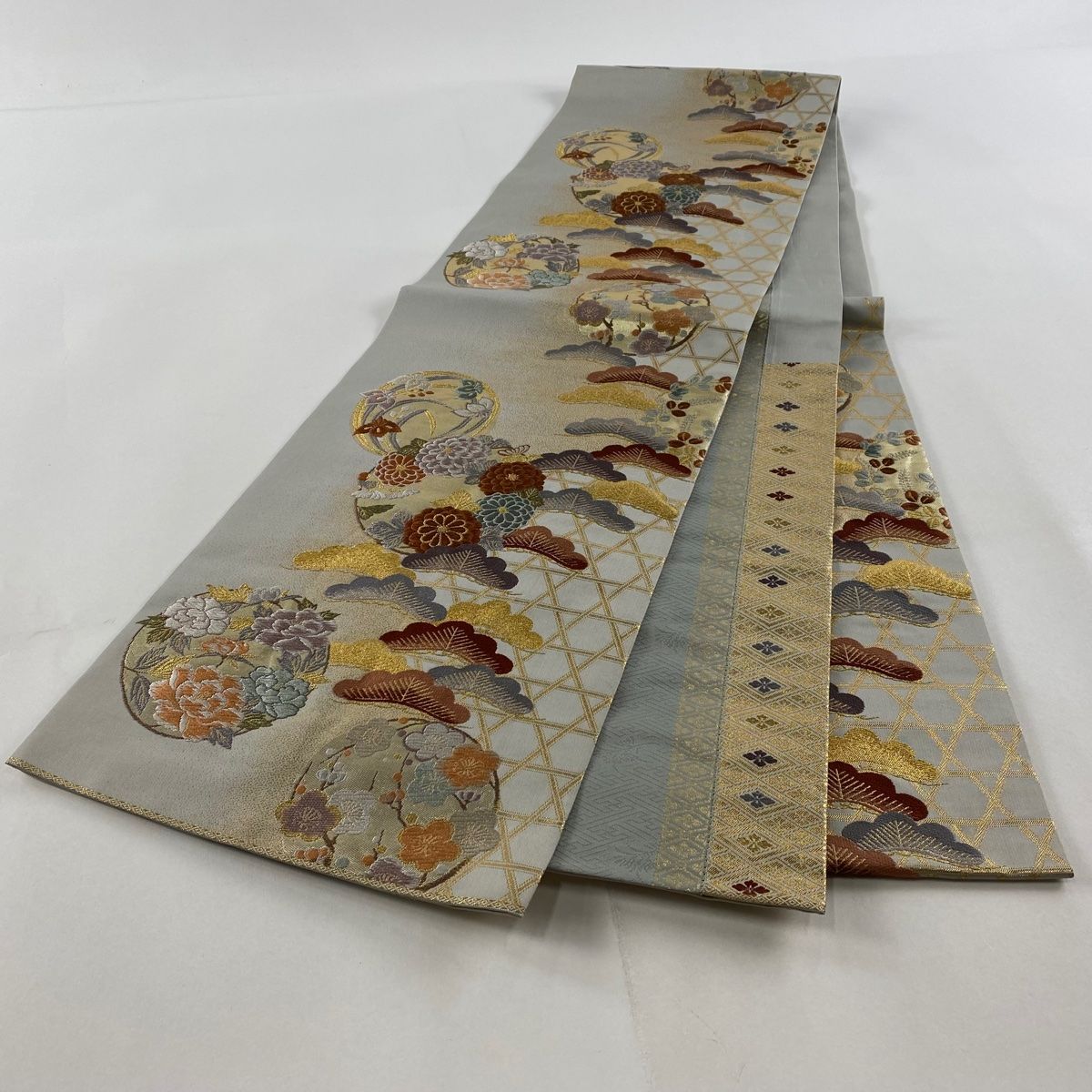 袋帯 秀品 松 花丸紋 金糸 箔 灰色 六通 正絹 中古