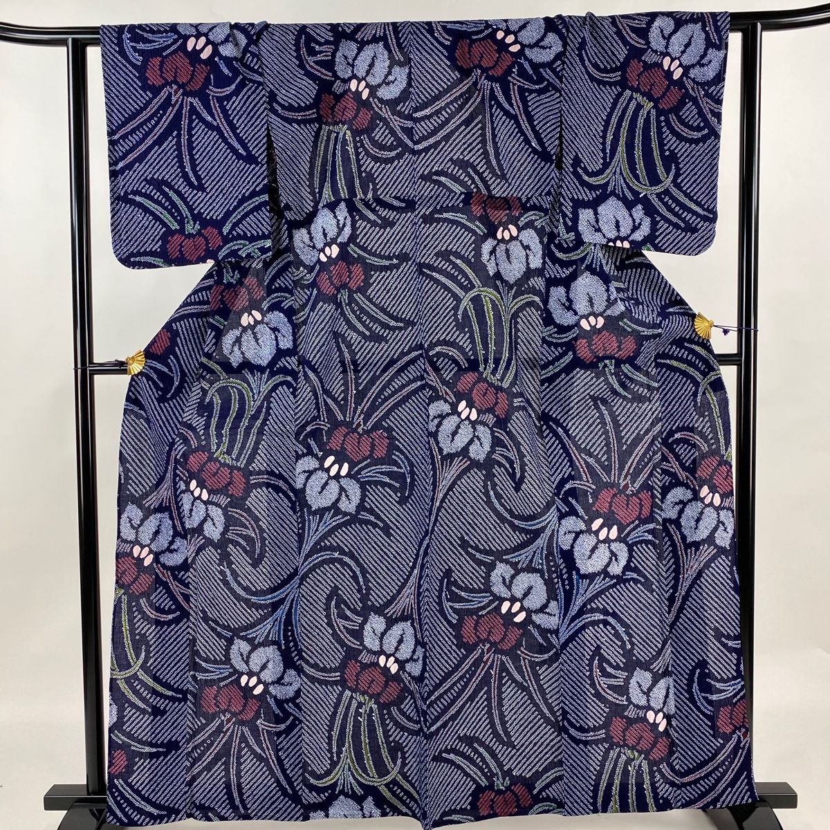 浴衣 身丈161cm 裄丈63cm S 絞り浴衣 菖蒲 濃紺 綿 名品